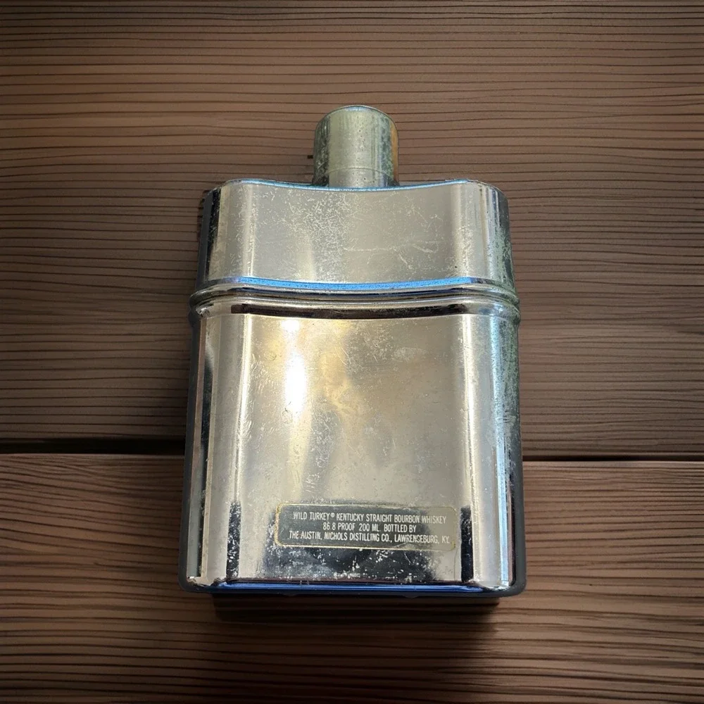 Wild Turkey Chrome Glass Lined Flask GA Liquor 1980s Tax Stamp Austin Nichols